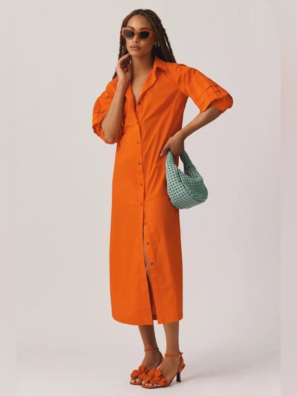 Anthropologie Maeve Orange Button-Front Puff Sleeve Midi Shirt Dress